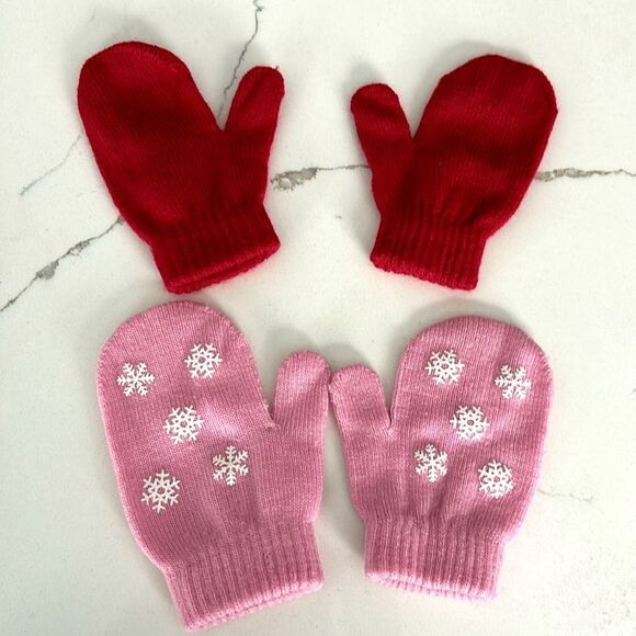 2 Pairs Knit Mittens Infant Toddler Girls Pink Red - Picture 1 of 3